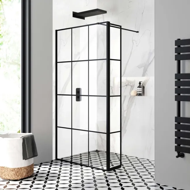 Munich Matt Black Grid 8mm Wet Room Shower Glass 1000mm & 250mm Pivotal Return Panel