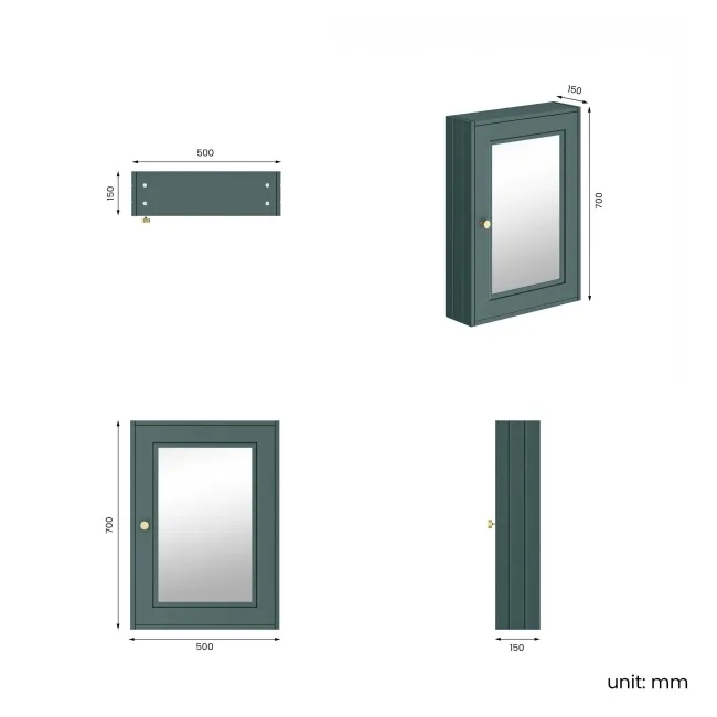 Midnight Green Mirror Cabinet 700x500mm - Brushed Brass Accents