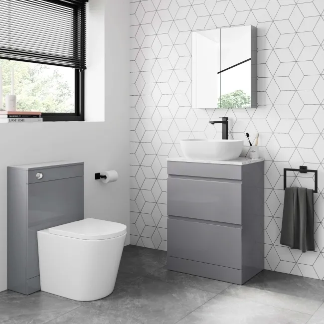 Trent Stone Grey Vanity Drawer with Marble Top & Curved Counter Top Basin 600mm