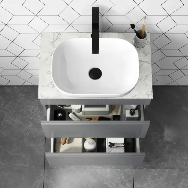 Trent Stone Grey Vanity Drawer with Marble Top & Curved Counter Top Basin 600mm