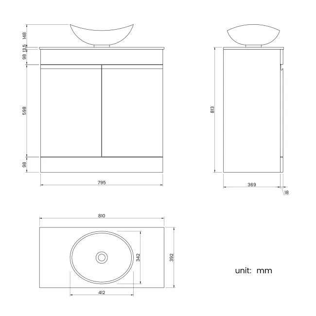 Trent Stone Grey Vanity with Marble Top & Oval Counter Top Basin 800mm
