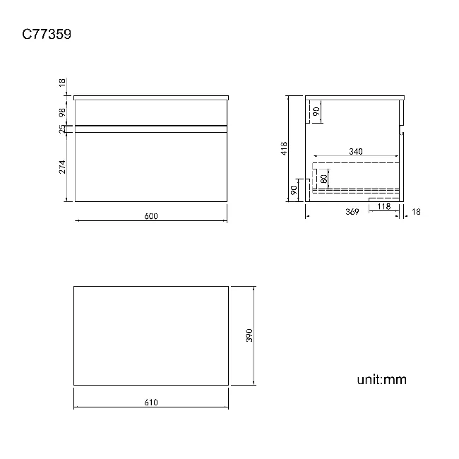 Trent Stone Grey Wall Hung Drawer 600mm - Excludes Counter Top Basin