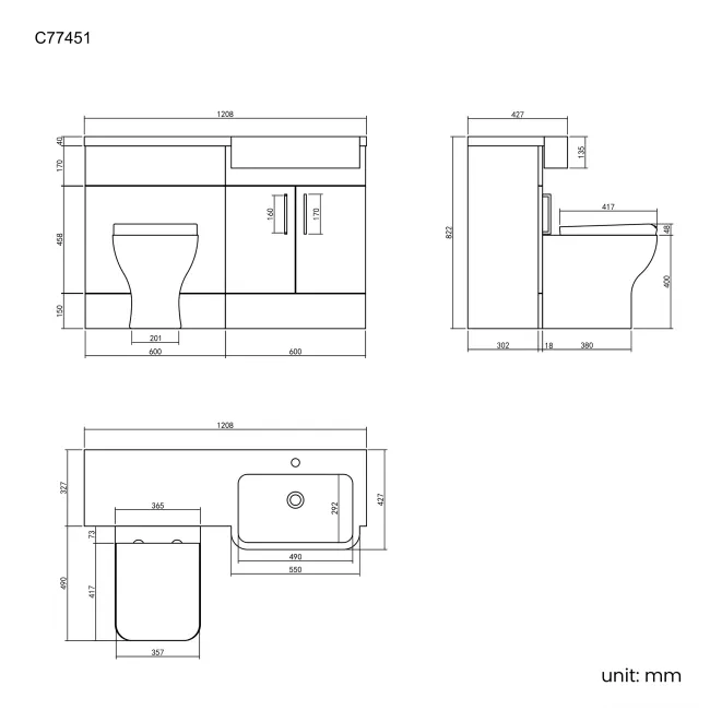 Harper Charcoal Elm Combination Vanity Basin and Atlanta Toilet 1200mm - Right Handed