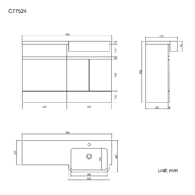 Foster Stone Grey Basin Vanity With Back To Wall Unit 1200mm - Right Handed