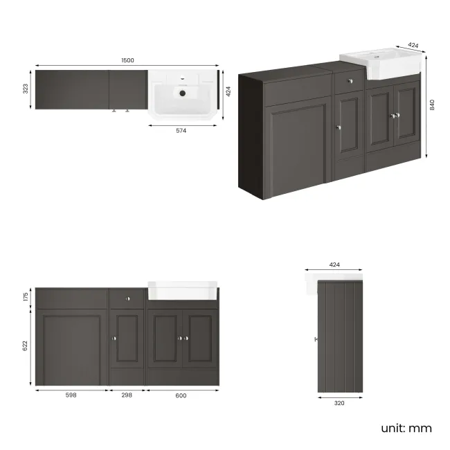 Monaco Graphite Grey Traditional Basin Vanity and Back To Wall Unit 1500mm (Excludes Pan & Cistern)