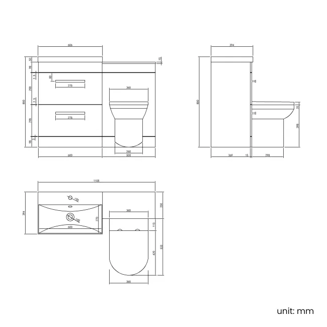 Avon Gloss White Combination Basin Drawer and Miami Toilet 1100mm - Black Accents