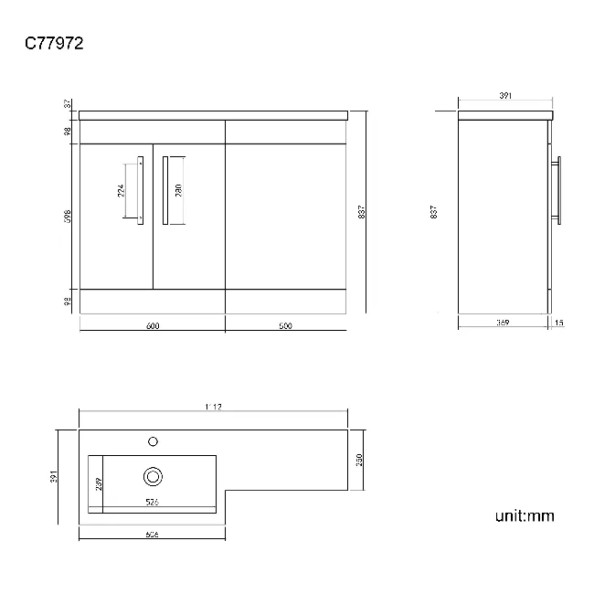 Avon Stone Grey Basin Vanity and Back To Wall Unit 1100mm - Black Accents - Left Handed