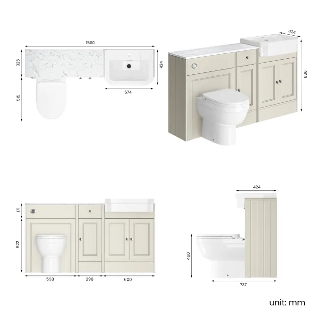 Monaco Chalk White Combination Vanity Traditional Basin with Marble Top and Seattle Toilet 1500mm