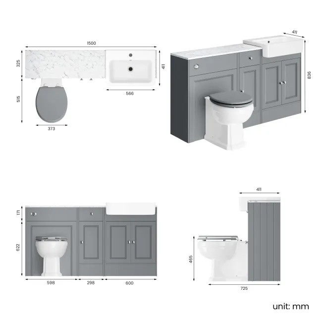 Monaco Dove Grey Combination Vanity Basin with Marble Top and Hudson Toilet with Wooden Seat 1500mm