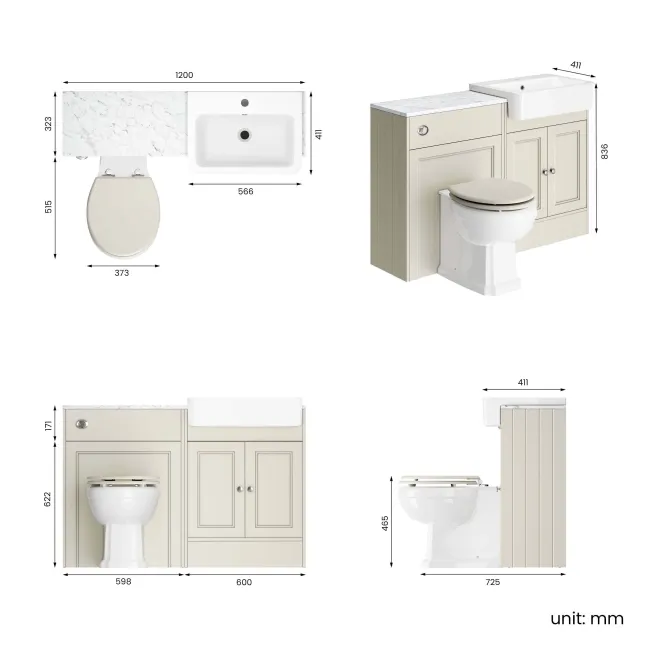 Monaco Chalk White Combination Vanity Basin with Marble Top & Hudson Toilet with Wooden Seat 1200mm