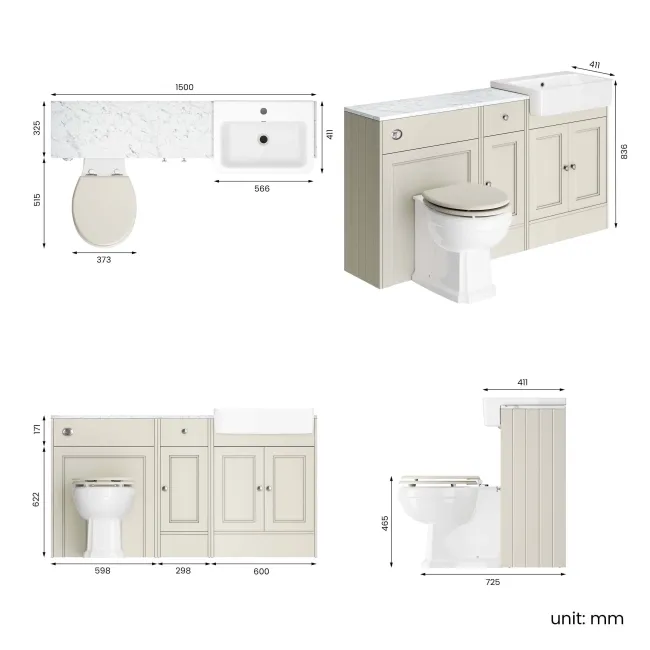 Monaco Chalk White Combination Vanity Basin with Marble Top and Hudson Toilet with Wooden Seat 1500mm