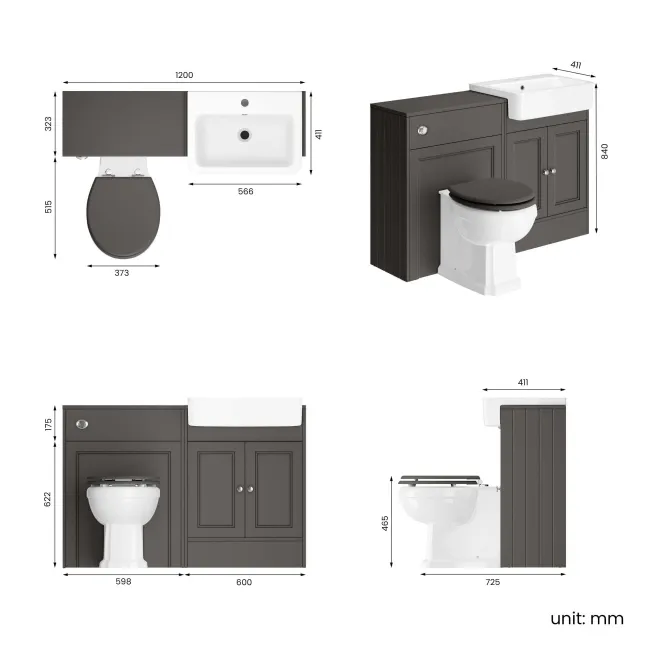 Monaco Graphite Grey Combination Vanity Basin and Hudson Toilet with Wooden Seat 1200mm