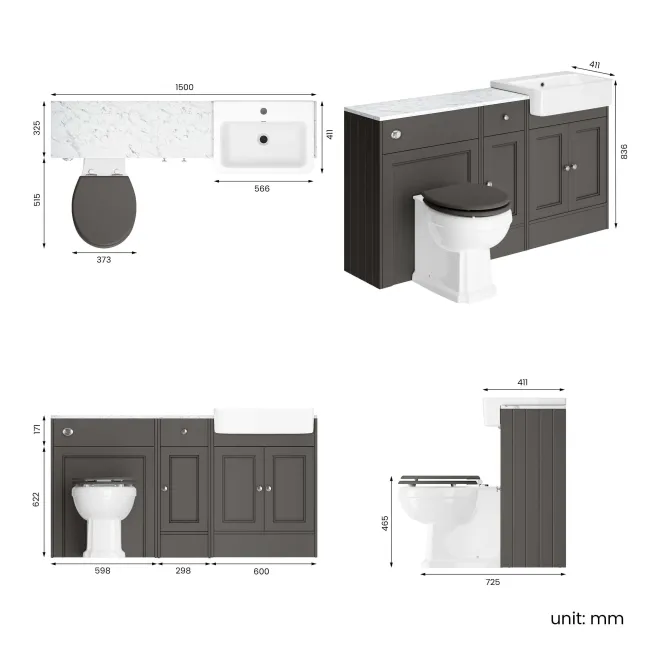 Monaco Graphite Grey Combination Vanity Basin with Marble Top and Hudson Toilet with Wooden Seat 1500mm