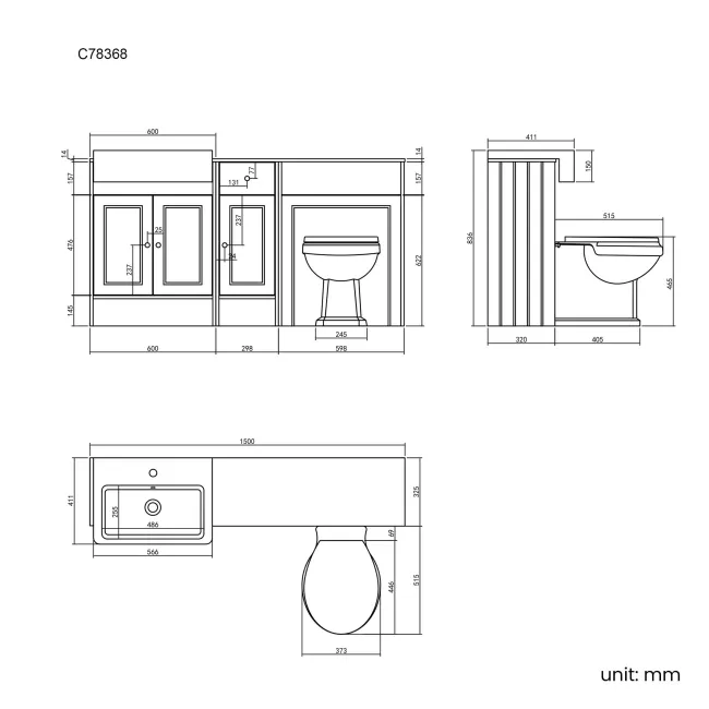 Monaco Graphite Grey Combination Vanity Basin with Marble Top and Hudson Toilet with Wooden Seat 1500mm