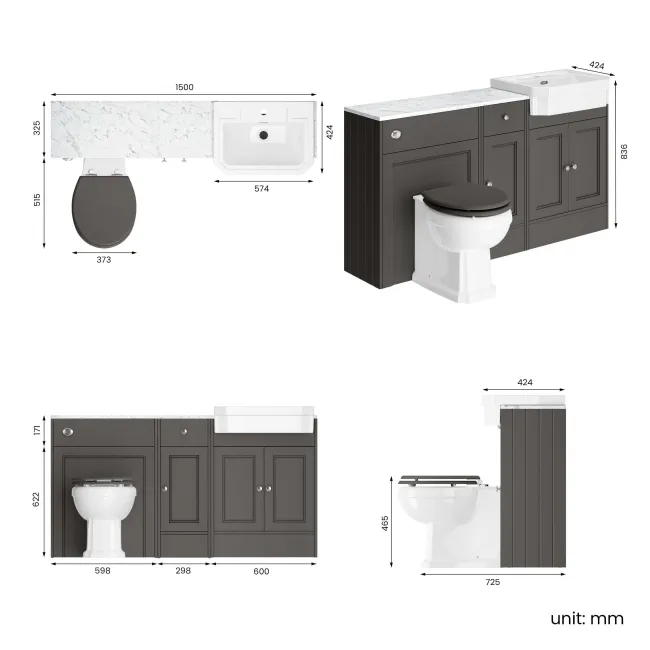 Monaco Graphite Grey Combination Vanity Traditional Basin with Marble Top & Hudson Toilet with Wooden Seat 1500mm