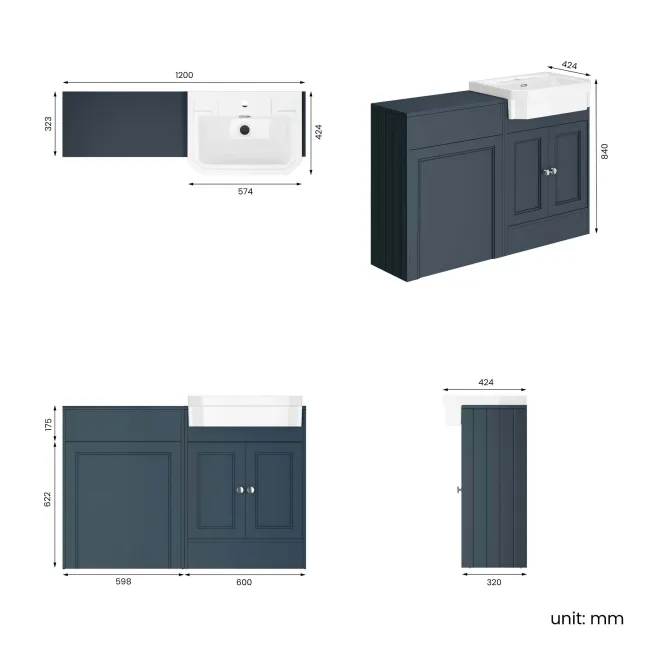 Monaco Inky Blue Traditional Basin Vanity and Back To Wall Unit 1200mm (Excludes Pan & Cistern)