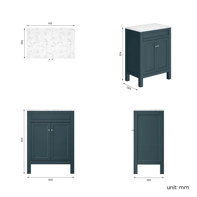 Bermuda Inky Blue Cabinet with Marble Top 600mm - Excludes Counter Top Basin