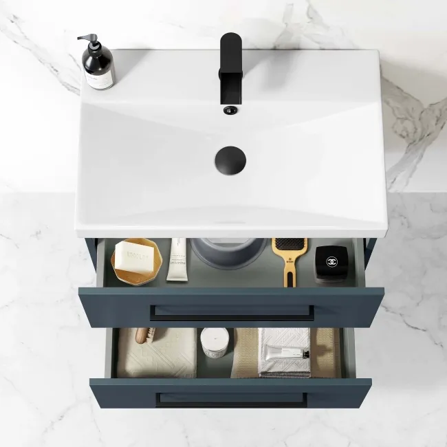 Elba Inky Blue Wall Hung Basin Drawer Vanity 600mm - Black Accents