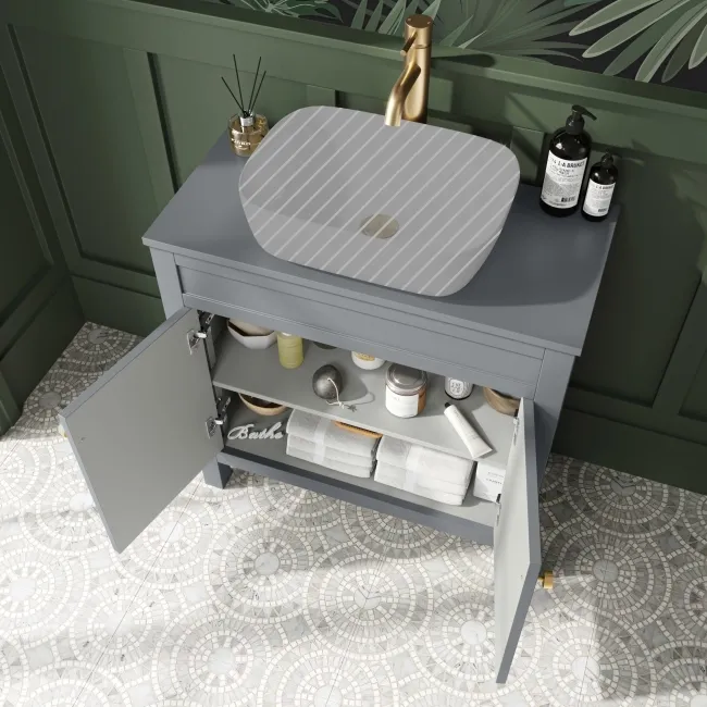 Bermuda Dove Grey Cabinet 800mm Excludes Counter Top Basin - Brushed Brass Accents