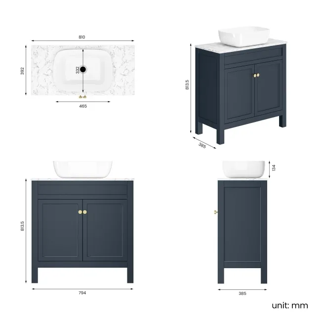 Bermuda Inky Blue Vanity with Marble Top & Curved Counter Top Basin 800mm - Brushed Brass Accents