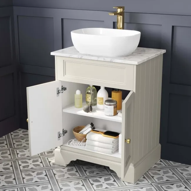 Lucia Chalk White Vanity with Marble Top & Curved Counter Top Basin 640mm - Brushed Brass Accents