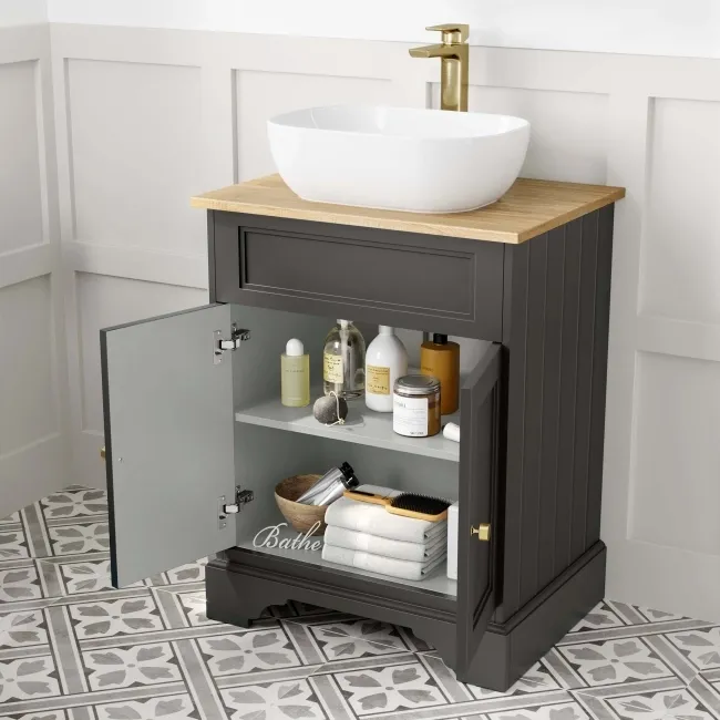 Lucia Graphite Grey Vanity with Oak Effect Top & Curved Counter Top Basin 640mm - Brushed Brass Accents