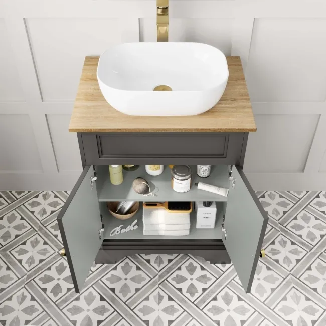 Lucia Graphite Grey Vanity with Oak Effect Top & Curved Counter Top Basin 640mm - Brushed Brass Accents