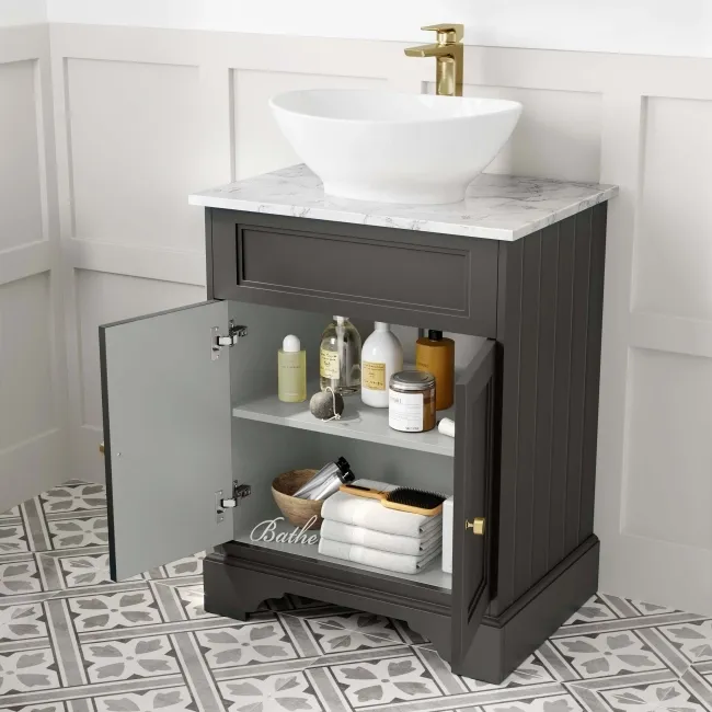 Lucia Graphite Grey Vanity with Marble Top & Oval Counter Top Basin 640mm - Brushed Brass Accents