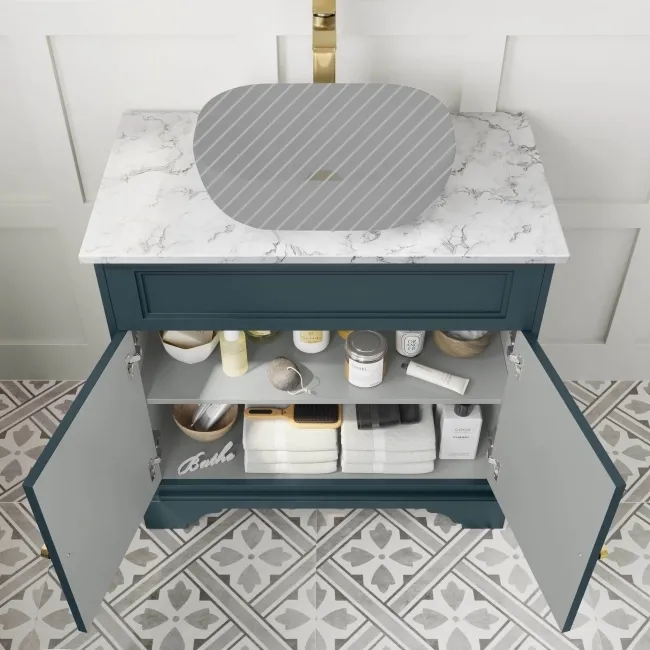 Lucia Inky Blue Cabinet with Marble Top 840mm (Excludes Counter Top Basin) - Brushed Brass Accents