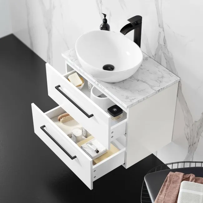 Elba Gloss White Wall Hung Drawer Vanity with Marble Top & Oval Counter Top Basin 600mm - Black Accents