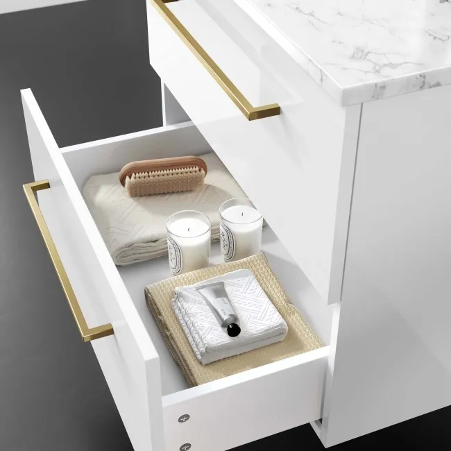 Elba Gloss White Wall Hung Drawer 600mm Excludes Counter Top Basin - Brushed Brass Accents