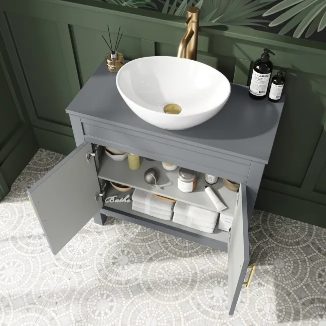 Bermuda Dove Grey Vanity with Oval Counter Top Basin 800mm - Brass Knurled Handles
