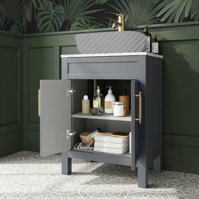 Bermuda Dove Grey Cabinet with Marble Top 600mm Excludes Counter Top Basin - Brass Knurled Handles