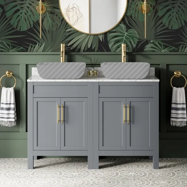 Bermuda Dove Grey Cabinet with Marble Top 1200mm Excludes Counter Top Basins - Brass Knurled Handles