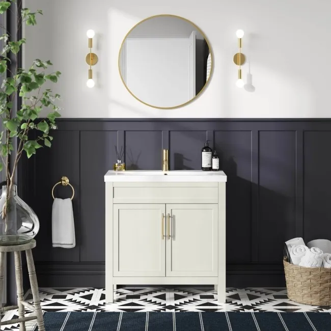 Bermuda Chalk White Basin Vanity 800mm - Brass Knurled Handles