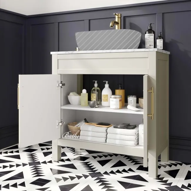 Bermuda Chalk White Cabinet with Marble Top 800mm Excludes Counter Top Basin - Brass Knurled Handles