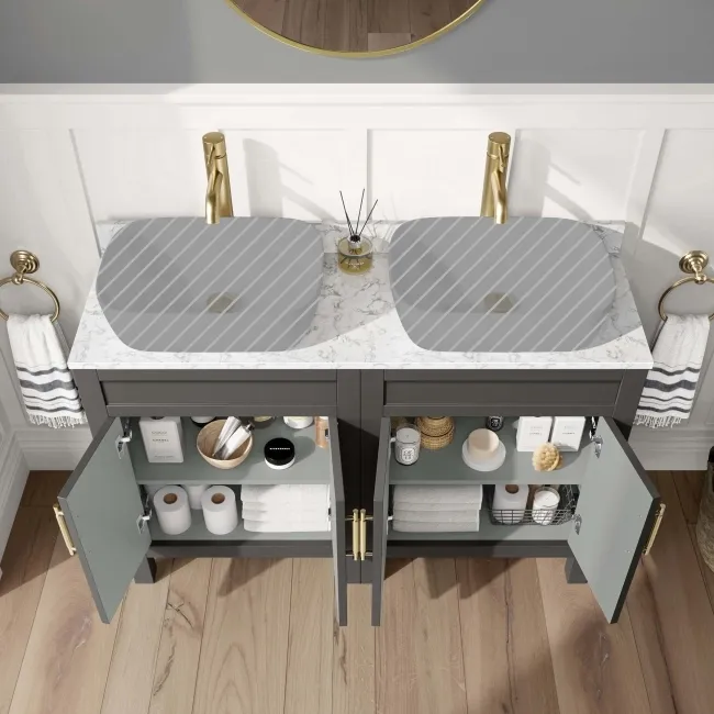 Bermuda Graphite Grey Cabinet with Marble Top 1200mm Excludes Counter Top Basins - Brass Knurled Handles