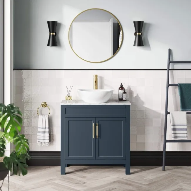 Bermuda Inky Blue Vanity with Marble Top & Oval Counter Top Basin 800mm - Brass Knurled Handles