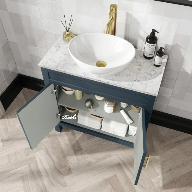 Bermuda Inky Blue Vanity with Marble Top & Oval Counter Top Basin 800mm - Brass Knurled Handles