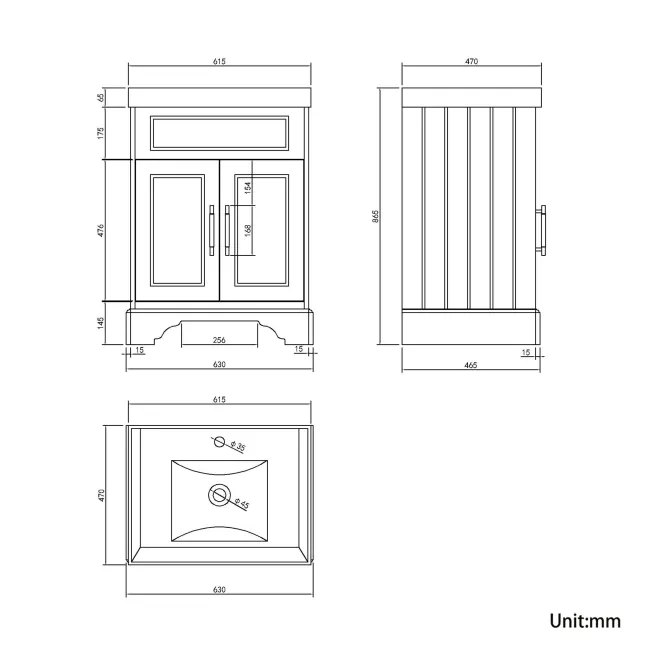 Lucia Chalk White Basin Vanity 630mm - Brass Knurled Handles