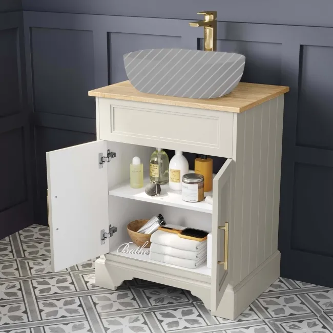 Lucia Chalk White Cabinet with Oak Effect Top 640mm (Excludes Counter Top Basin) - Brass Knurled Handles