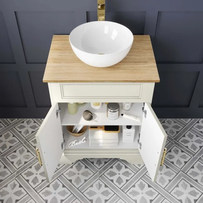 Lucia Chalk White Vanity with Oak Effect Top & Round Counter Top Basin 640mm - Brass Knurled Handles