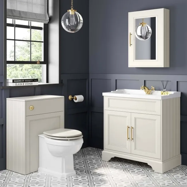 Lucia Chalk White Basin Vanity 830mm - Brass Knurled Handles