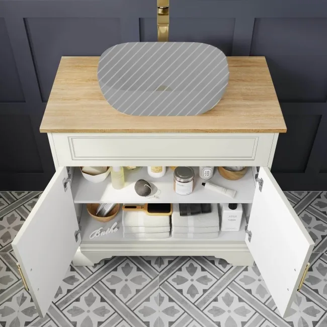 Lucia Chalk White Cabinet with Oak Effect Top 840mm (Excludes Counter Top Basin) - Brass Knurled Handles