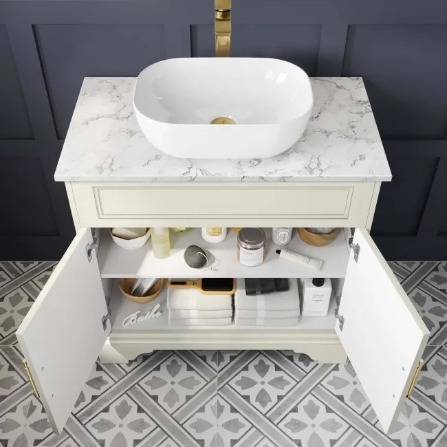 Lucia Chalk White Vanity with Marble Top & Curved Counter Top Basin 840mm - Brass Knurled Handles