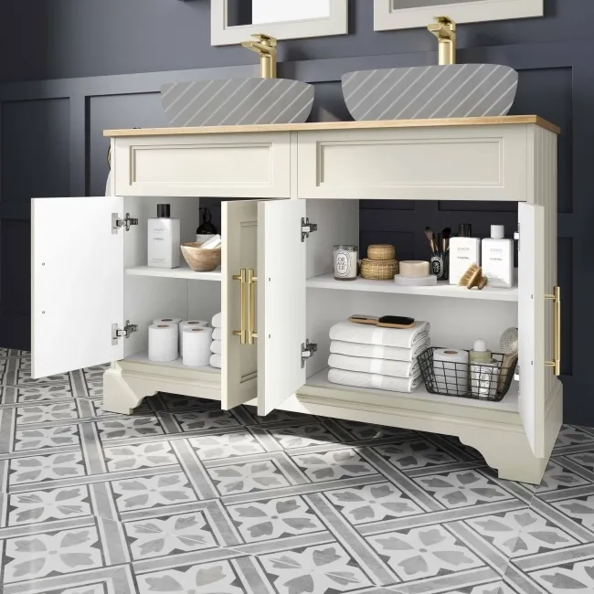 Lucia Chalk White Cabinet with Oak Effect Top 1200mm (Excludes Counter Top Basins) - Brass Knurled Handles