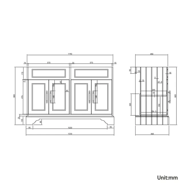 Lucia Chalk White Cabinet with Oak Effect Top 1200mm (Excludes Counter Top Basins) - Brass Knurled Handles