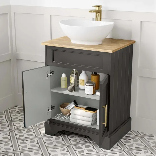 Lucia Graphite Grey Vanity with Oak Effect Top & Oval Counter Top Basin 640mm - Brass Knurled Handles