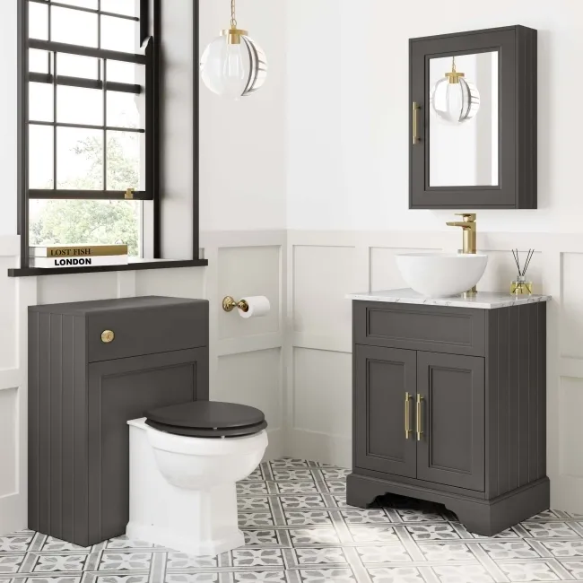 Lucia Graphite Grey Vanity with Marble Top & Round Counter Top Basin 640mm - Brass Knurled Handles