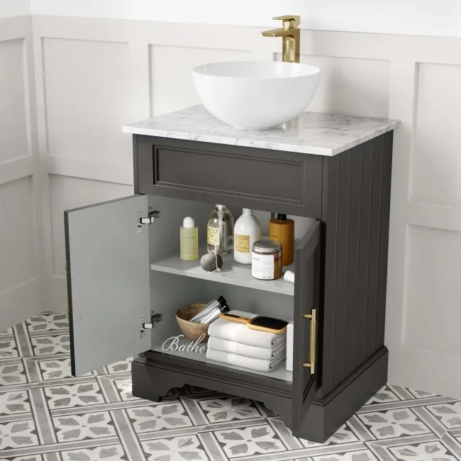 Lucia Graphite Grey Vanity with Marble Top & Round Counter Top Basin 640mm - Brass Knurled Handles